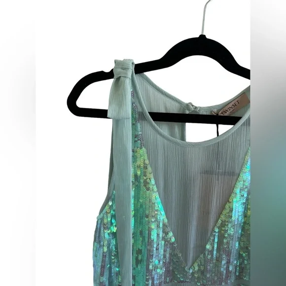 TWINSET Milano NWT Sequin Mesh Bow Tank Top Blouse Mint Green, Party, Sparkle S‍ - Picture 5 of 11
